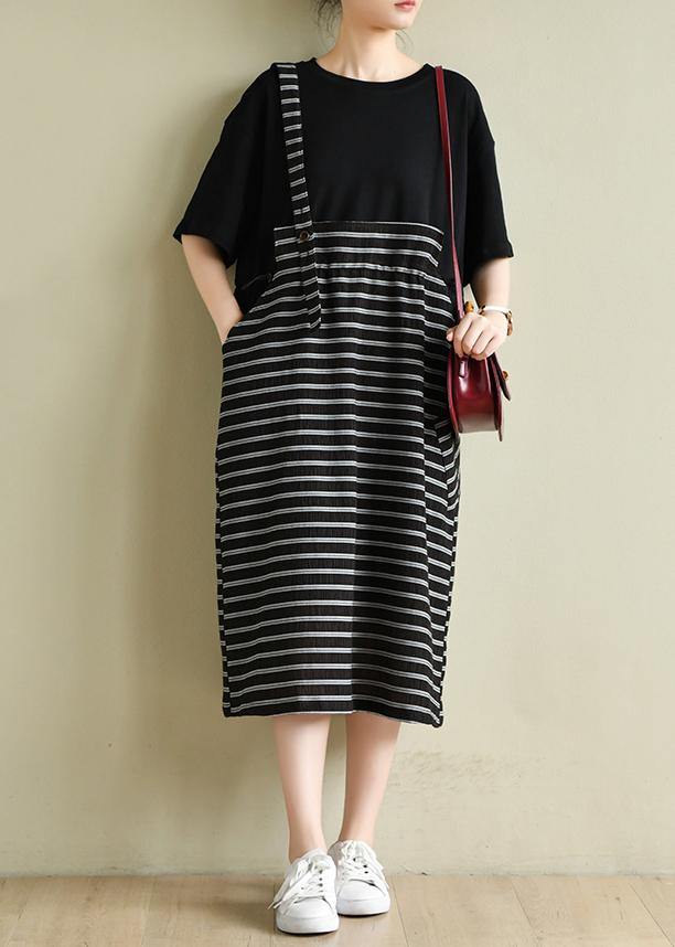 Simple o neck clothes Women Runway black patchwork striped Maxi Dress - SooLinen