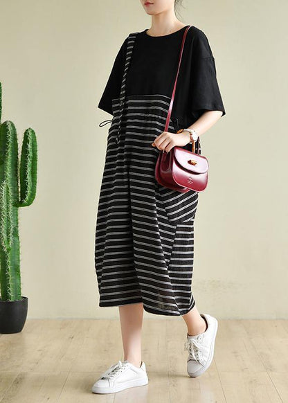Simple o neck clothes Women Runway black patchwork striped Maxi Dress - SooLinen
