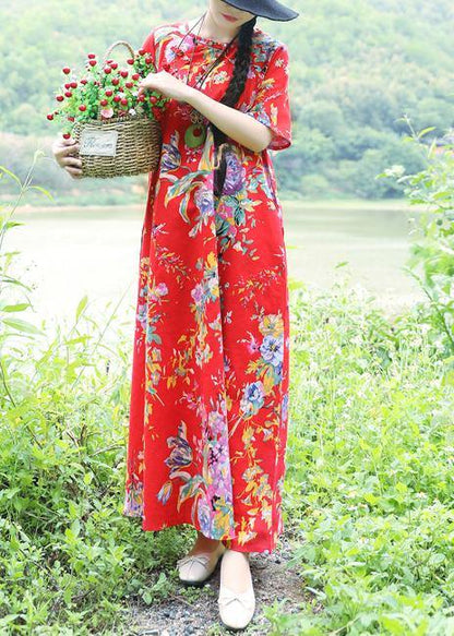 Simple o neck cotton Wardrobes Sewing red prints Traveling Dresses summer - SooLinen