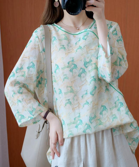 Simple o neck half sleeve clothes Tutorials green print top - SooLinen