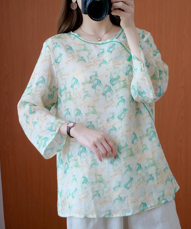 Simple o neck half sleeve clothes Tutorials green print top - SooLinen