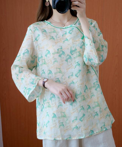 Simple o neck half sleeve clothes Tutorials green print top - SooLinen