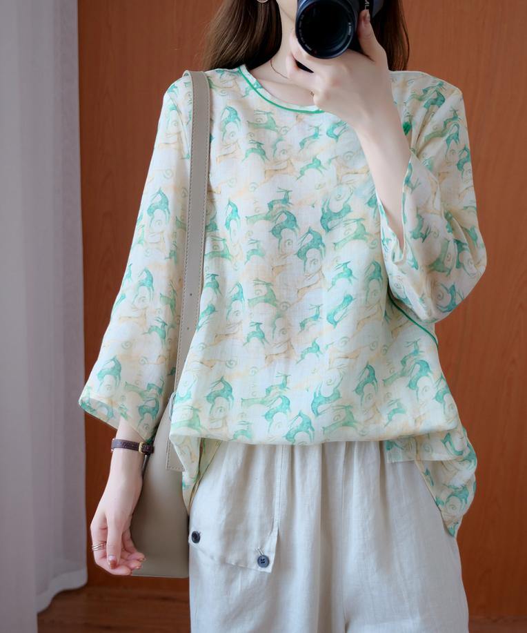 Simple o neck half sleeve clothes Tutorials green print top - SooLinen