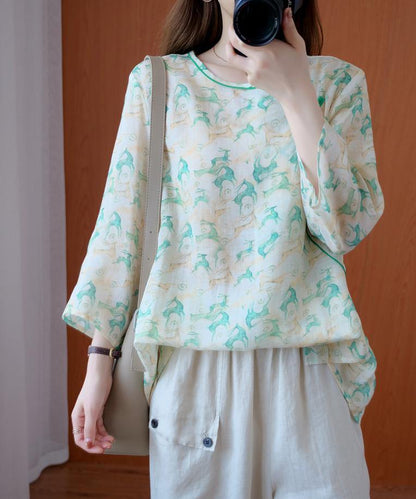 Simple o neck half sleeve clothes Tutorials green print top - SooLinen