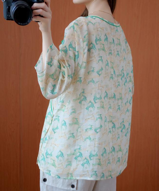 Simple o neck half sleeve clothes Tutorials green print top - SooLinen