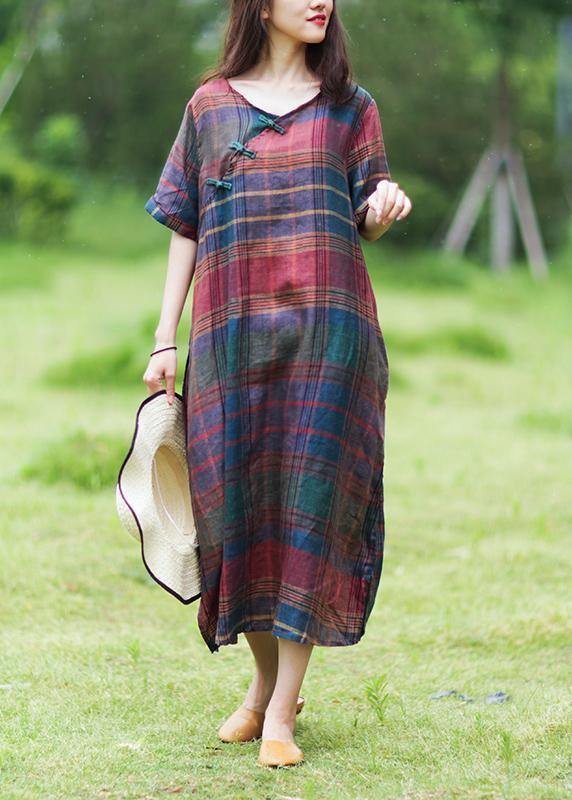 Simple o neck half sleeve linen summer dresses Photography plaid Dress - SooLinen