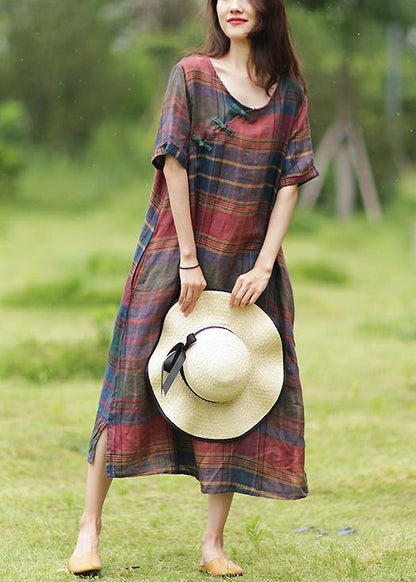 Simple o neck half sleeve linen summer dresses Photography plaid Dress - SooLinen