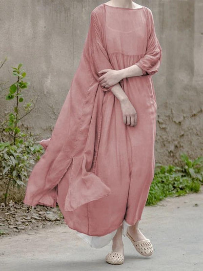 Simple o neck large hem clothes For Women Neckline pink Maxi Dress - SooLinen