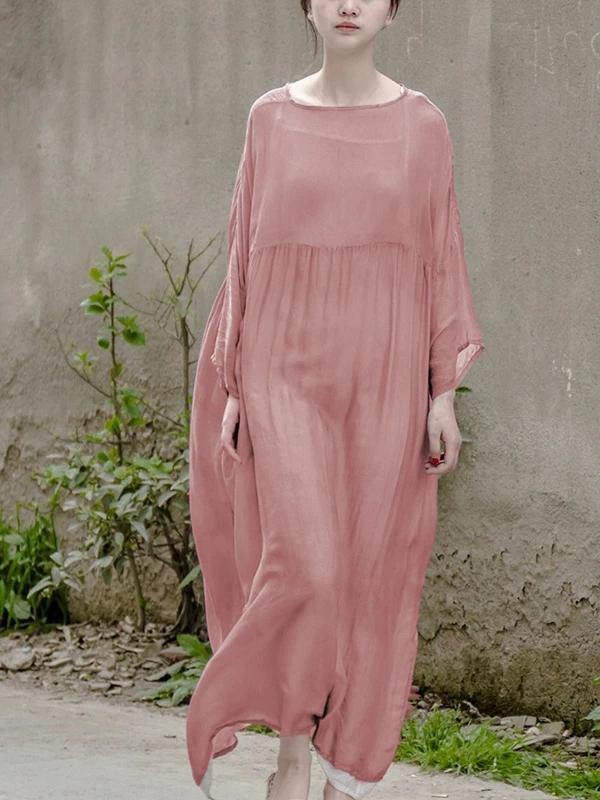 Simple o neck large hem clothes For Women Neckline pink Maxi Dress - SooLinen