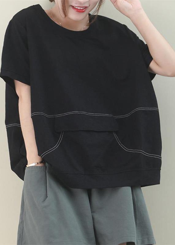 Simple o neck patchwork cotton Tunic Work Outfits black blouse - SooLinen