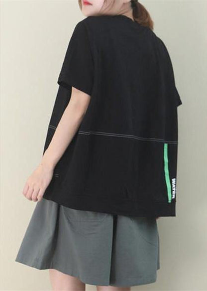 Simple o neck patchwork cotton Tunic Work Outfits black blouse - SooLinen