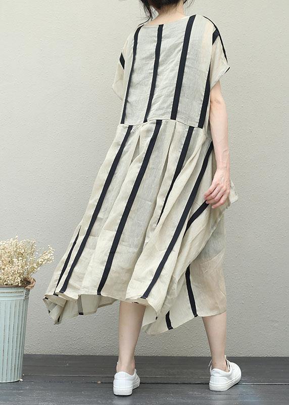 Simple o neck patchwork linen clothes For Women design khaki striped Dresses - SooLinen