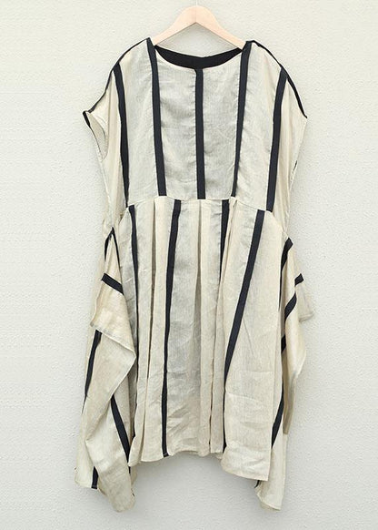 Simple o neck patchwork linen clothes For Women design khaki striped Dresses - SooLinen