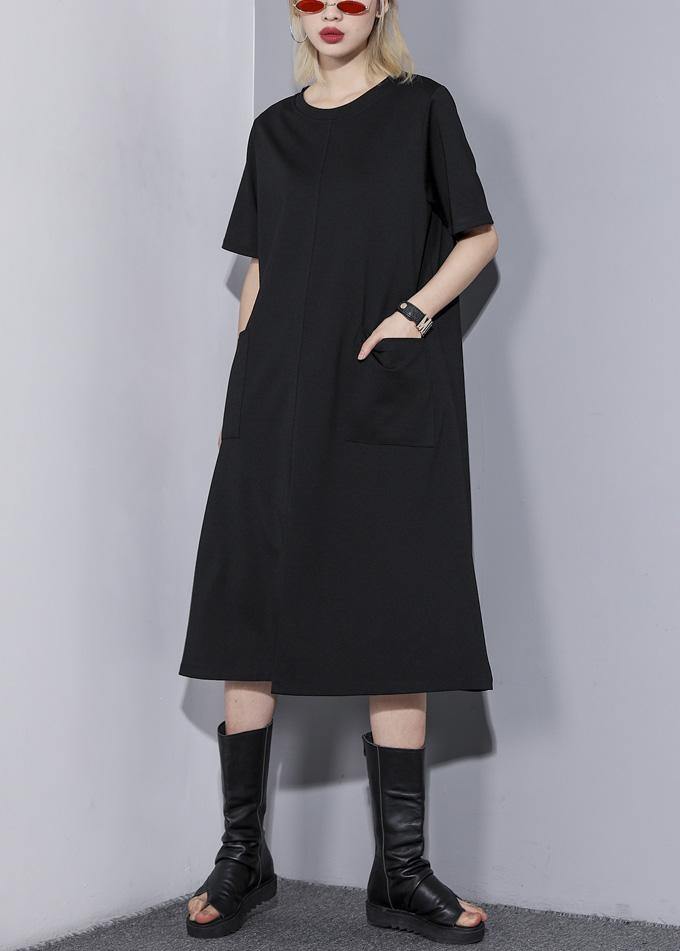 Simple o neck pockets Cotton blended tunic dress Tutorials black Dress summer - SooLinen
