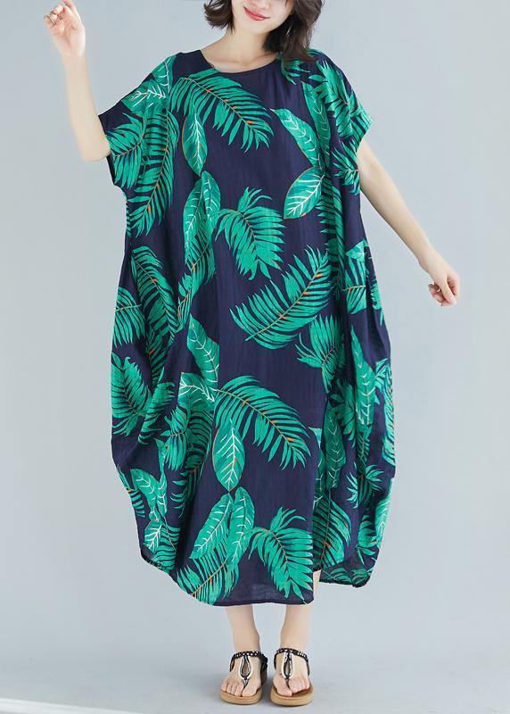 Simple o neck pockets linen cotton quilting clothes Runway blue print Dress summer - SooLinen