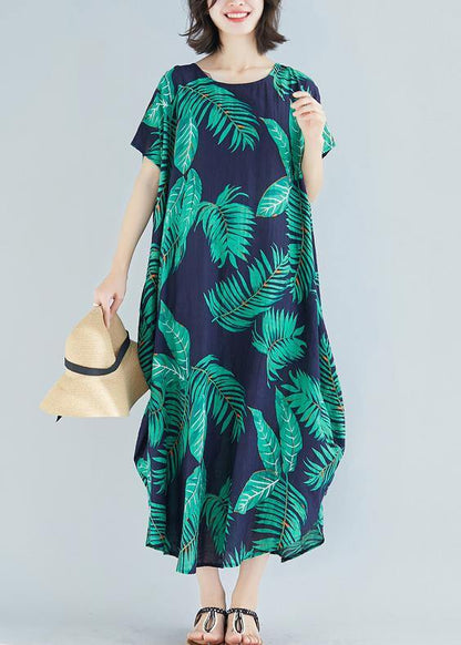 Simple o neck pockets linen cotton quilting clothes Runway blue print Dress summer - SooLinen