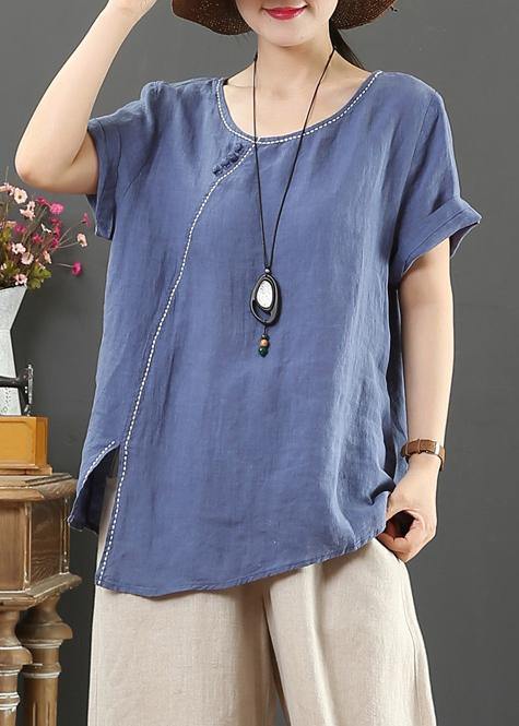 Simple o neck side open linen summer top blue cotton tops - SooLinen