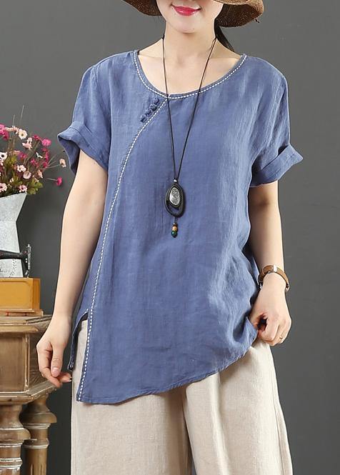 Simple o neck side open linen summer top blue cotton tops - SooLinen