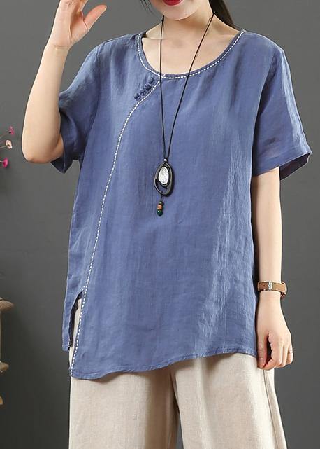 Simple o neck side open linen summer top blue cotton tops - SooLinen