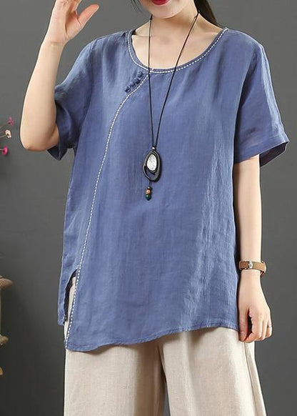 Simple o neck side open linen summer top blue cotton tops - SooLinen