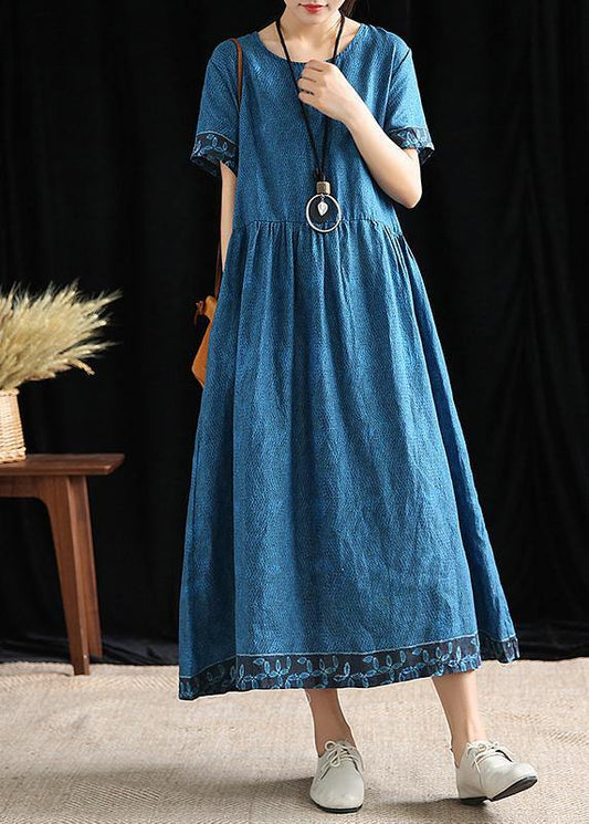Simple o neck Cinched cotton outfit Tutorials blue print Dresses - SooLinen
