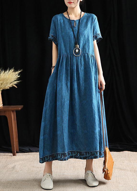 Simple o neck Cinched cotton outfit Tutorials blue print Dresses - SooLinen