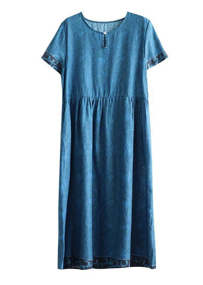 Simple o neck Cinched cotton outfit Tutorials blue print Dresses - SooLinen