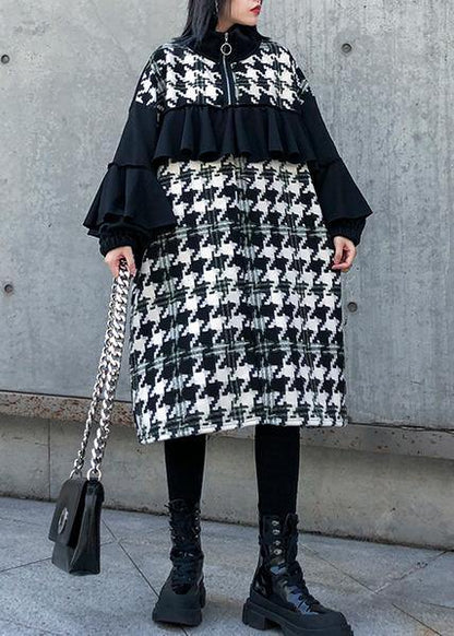 Simple patchwork Cotton dresses stand collar ruffles Dresses - SooLinen