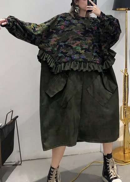 Simple patchwork camouflage tunics for women o neck Ruffles Dresses - SooLinen