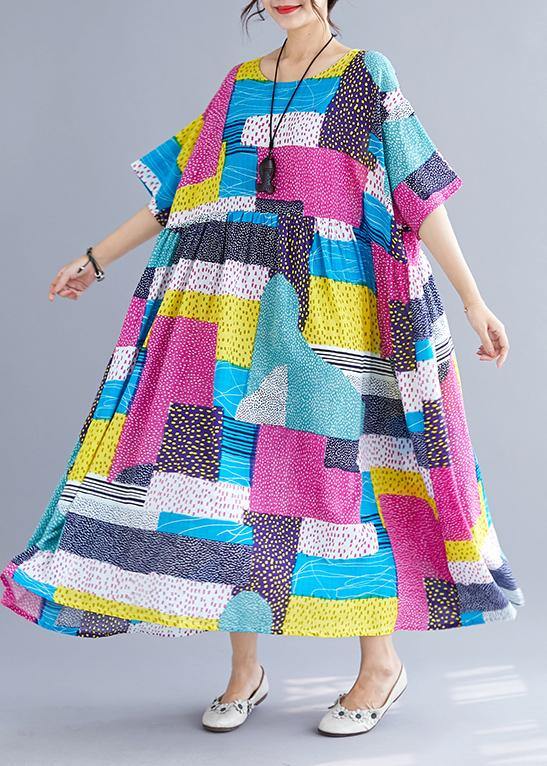 Simple patchwork color cotton dresses Inspiration rose o neck cotton robes Dress summer - SooLinen