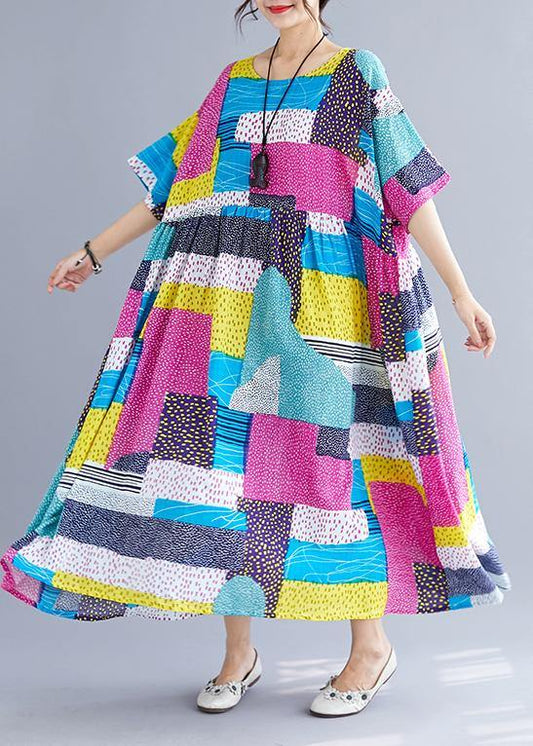Simple patchwork color cotton dresses Inspiration rose o neck cotton robes Dress summer - SooLinen