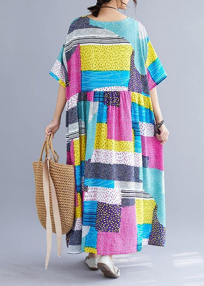 Simple patchwork color cotton dresses Inspiration rose o neck cotton robes Dress summer - SooLinen