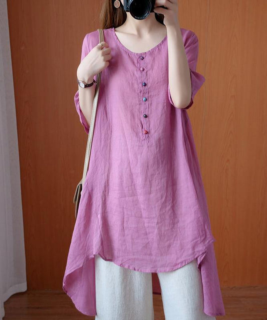 Simple pink clothes For Women o neck asymmetric Midi blouse - SooLinen