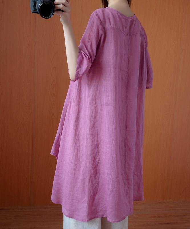 Simple pink clothes For Women o neck asymmetric Midi blouse - SooLinen