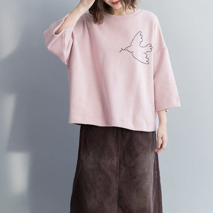 Einfache rosa Baumwollblusen für Frauen Taillierte Tunika-Oberteile Baumwolle Frühling O-Ausschnitt Hemd