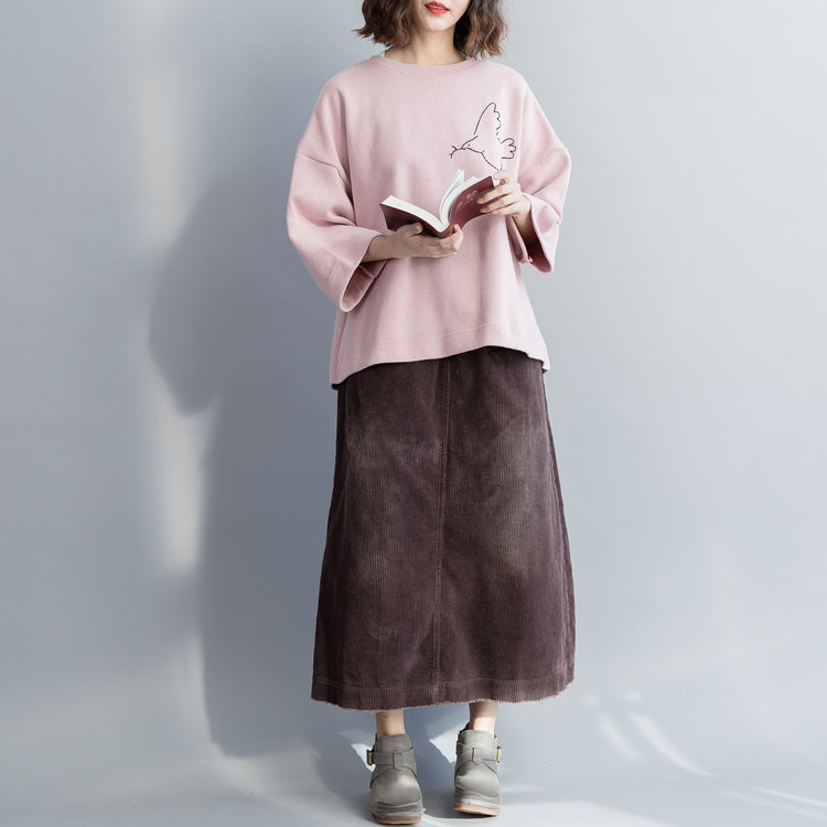 Einfache rosa Baumwollblusen für Frauen Taillierte Tunika-Oberteile Baumwolle Frühling O-Ausschnitt Hemd