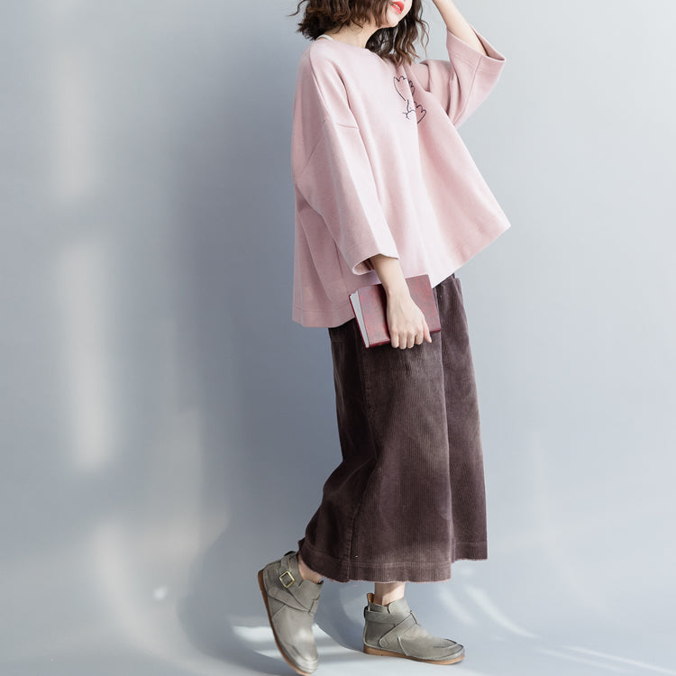 Einfache rosa Baumwollblusen für Frauen Taillierte Tunika-Oberteile Baumwolle Frühling O-Ausschnitt Hemd