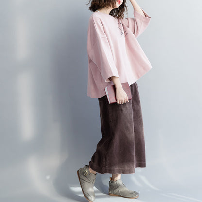 Einfache rosa Baumwollblusen für Frauen Taillierte Tunika-Oberteile Baumwolle Frühling O-Ausschnitt Hemd