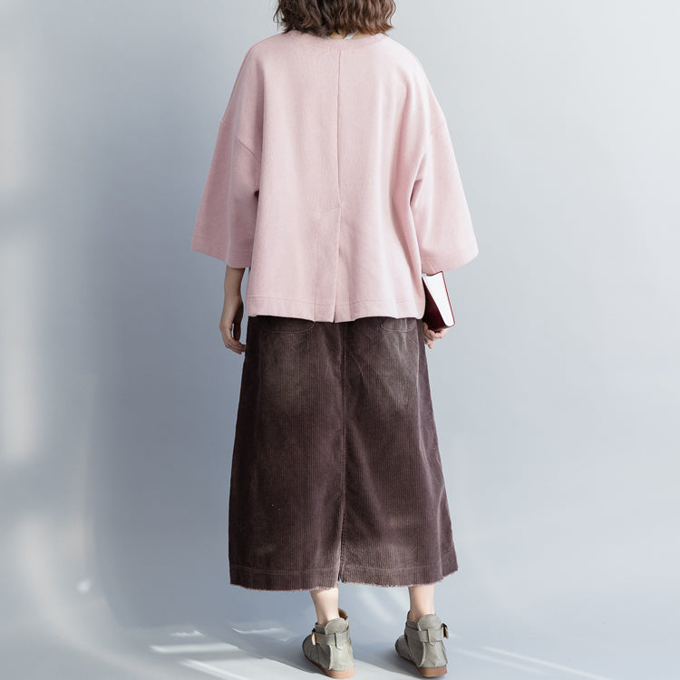 Einfache rosa Baumwollblusen für Frauen Taillierte Tunika-Oberteile Baumwolle Frühling O-Ausschnitt Hemd