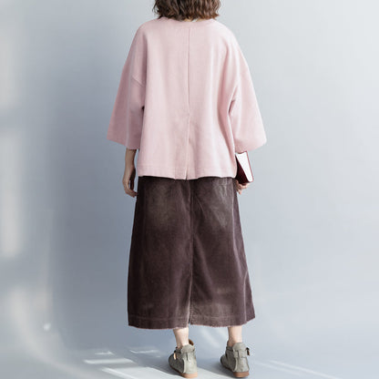 Einfache rosa Baumwollblusen für Frauen Taillierte Tunika-Oberteile Baumwolle Frühling O-Ausschnitt Hemd