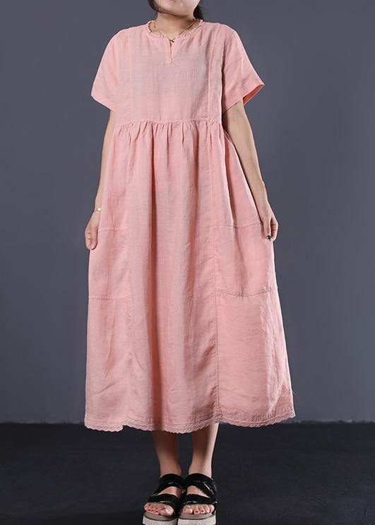 Simple pink high waist linen Wardrobes v neck Kaftan summer Dress - SooLinen
