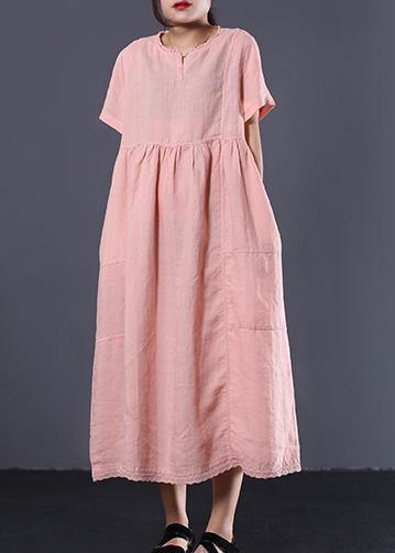 Simple pink high waist linen Wardrobes v neck Kaftan summer Dress - SooLinen