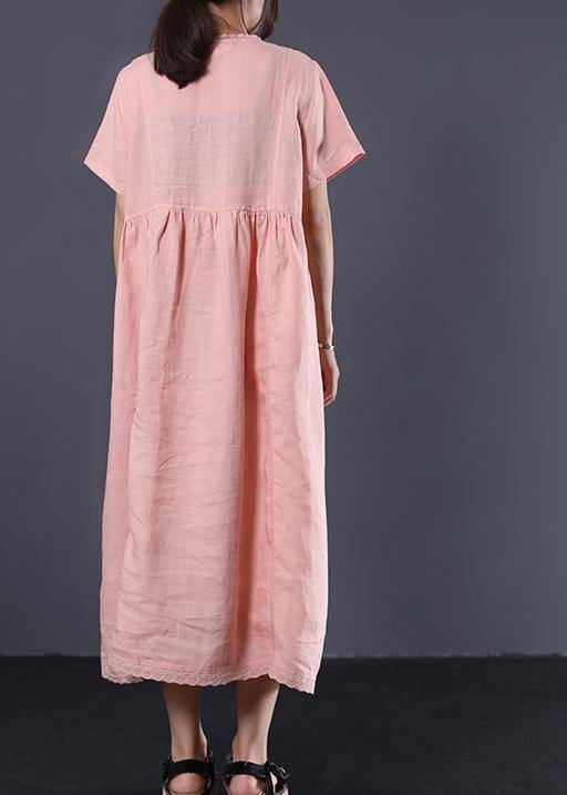 Simple pink high waist linen Wardrobes v neck Kaftan summer Dress - SooLinen