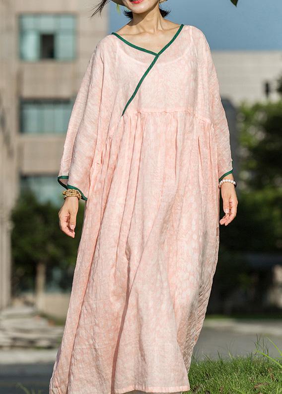 Simple pink linen Robes v neck exra large hem Maxi summer Dresses - SooLinen