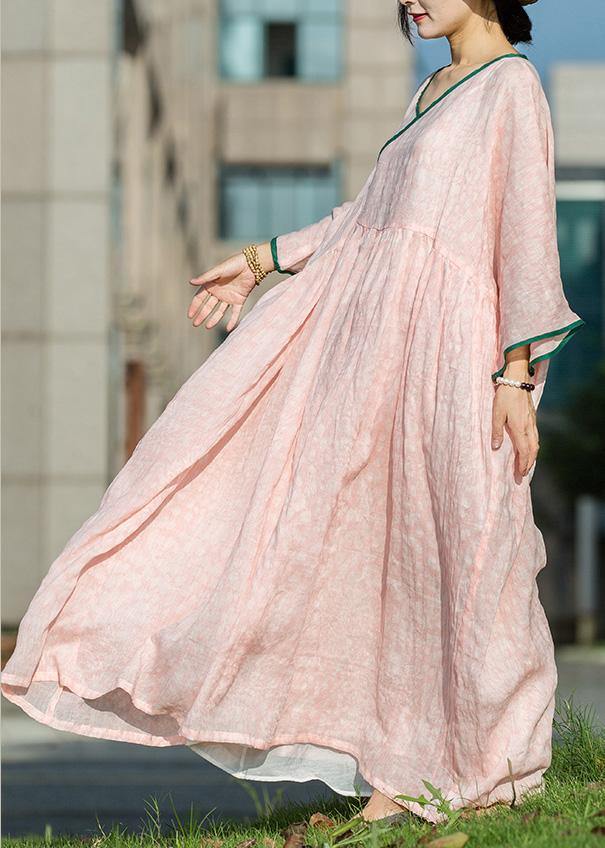 Simple pink linen Robes v neck exra large hem Maxi summer Dresses - SooLinen