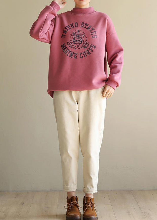 Simple pink prints cotton shirts half high neck short spring Sweatshirt - SooLinen