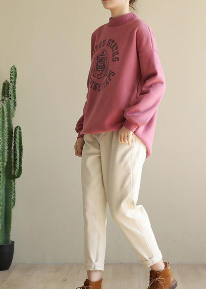 Simple pink prints cotton shirts half high neck short spring Sweatshirt - SooLinen
