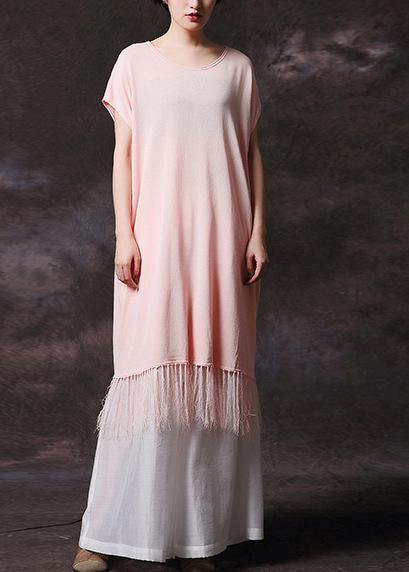 Simple pink tassel cotton Long Shirts o neck loose summer Dress - SooLinen