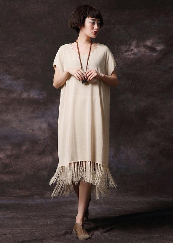 Simple pink tassel cotton Long Shirts o neck loose summer Dress - SooLinen