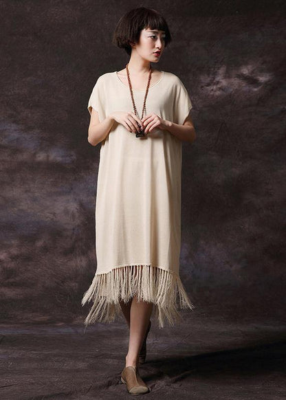 Simple pink tassel cotton Long Shirts o neck loose summer Dress - SooLinen